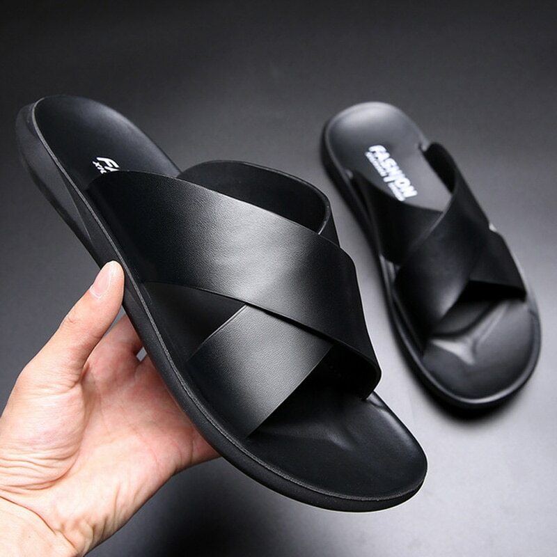 Zapatillas de Verano de Cuero Para Hombre Chanclas Cruzadas Cómodas Lujo Planas
