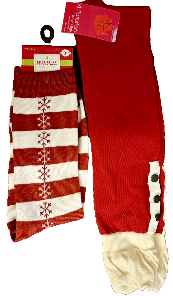 2 Pairs Christmas Holiday Knee High & Crew Red & Cream Stripe