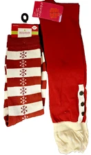 2 Pairs Christmas Holiday Knee High & Crew Red & Cream Stripe & Button Boot Sock