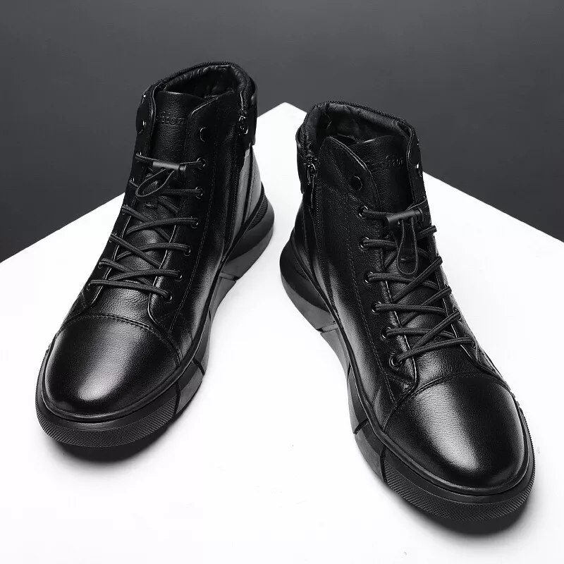 Mens Casual Faux Leather Round Toe Ankle Boots Fashion High Top Lace Up Shoes