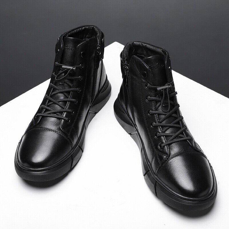 Mens Faux Leather Round Toe Ankle Boots Fashion High Top Lace Up Casual  Shoes