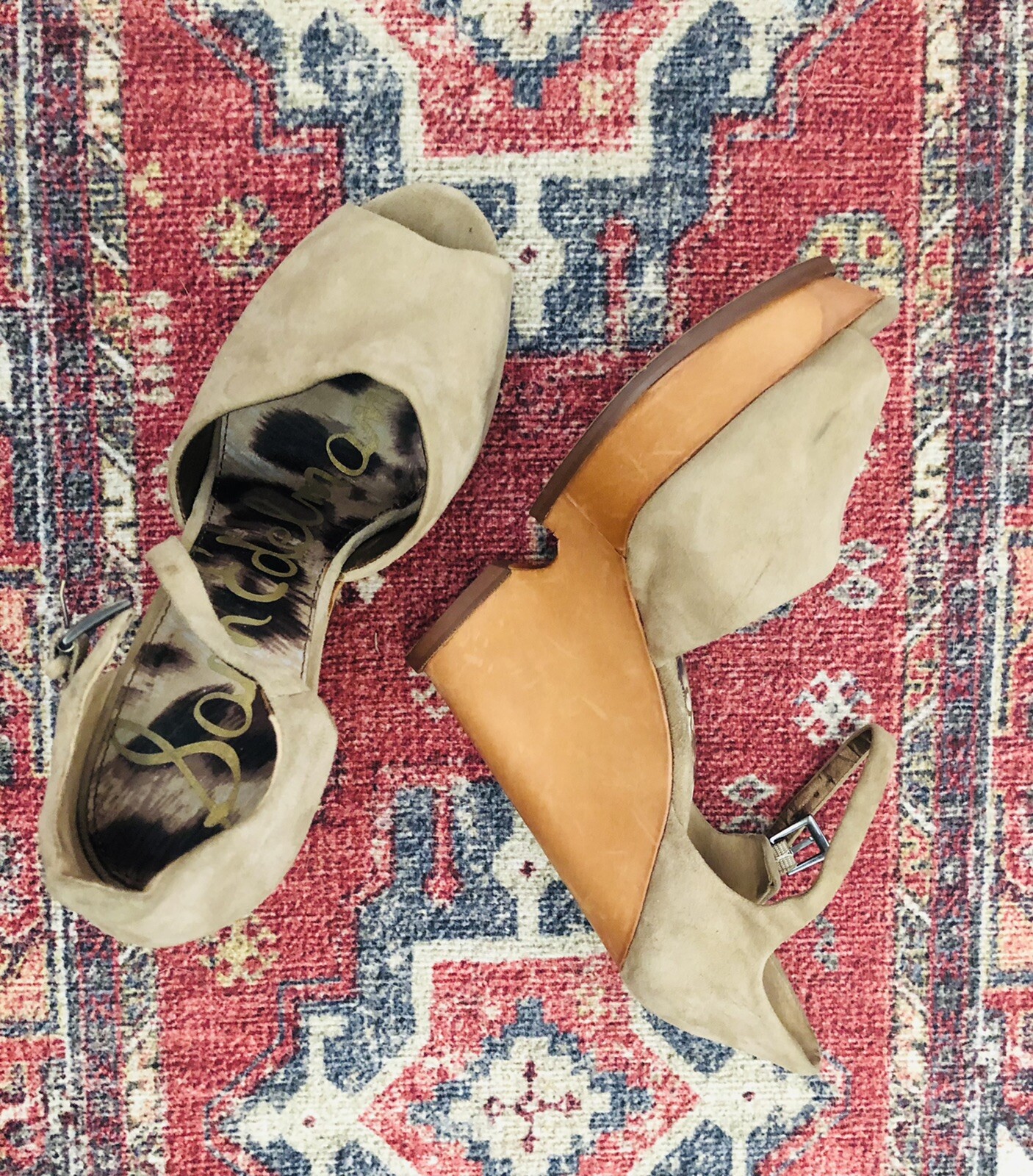 SAM Edelman Javi Peep Toe Wedges in Green Gray Suede Leather Size 9.5 Ankle Strap Heels-image