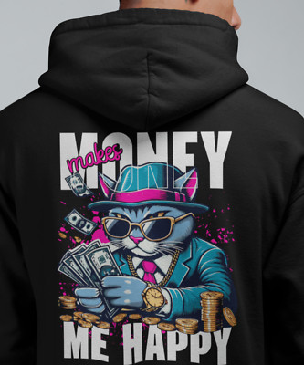 Herren Hoodie Money Makes Me Happy Katzen Kapuzen Pullover Männer schwarz Erfolg