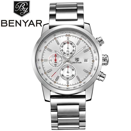 BENYAR Men Business Fashion Stainless Steel Quartz Wrist Watch Date Chronograph