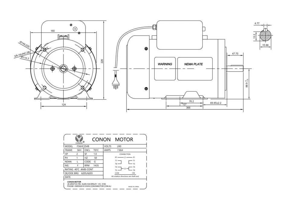 Single Phase NEMA Electric Motor 240V 1.5kW 2HP 1400rpm FRAME 56 1Ph CSCR 5/8" - Image 3 of 3