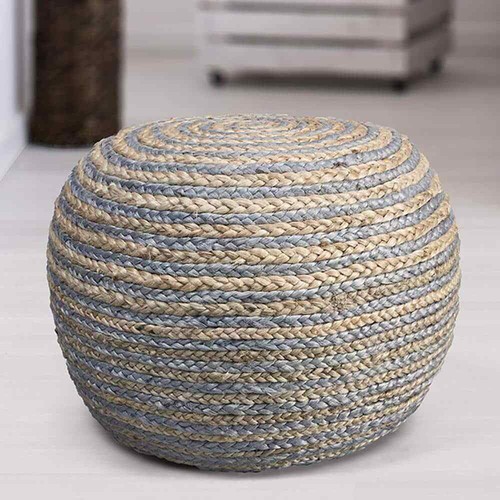 LR Ottoman Pouf 14"H x 20"W Striped Braided Cotton-Blend Functional Gray/Tan - Picture 2 of 3