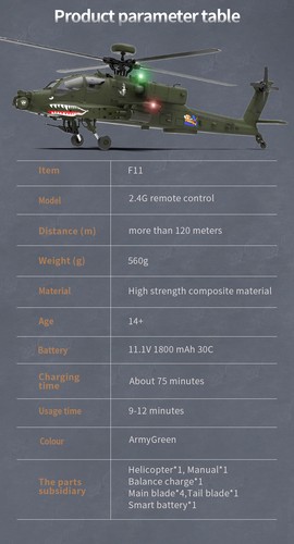 YXZNRC F11 AH-64D Apache 6-Axis 3D 2.4G 6CH Flybarless RC Hubschrauber 2 Akkus - Bild 9 von 23