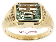 Natural Prasiolite & CZ Gemstone With 14K Gold Plated Silver Ring For Men's #886