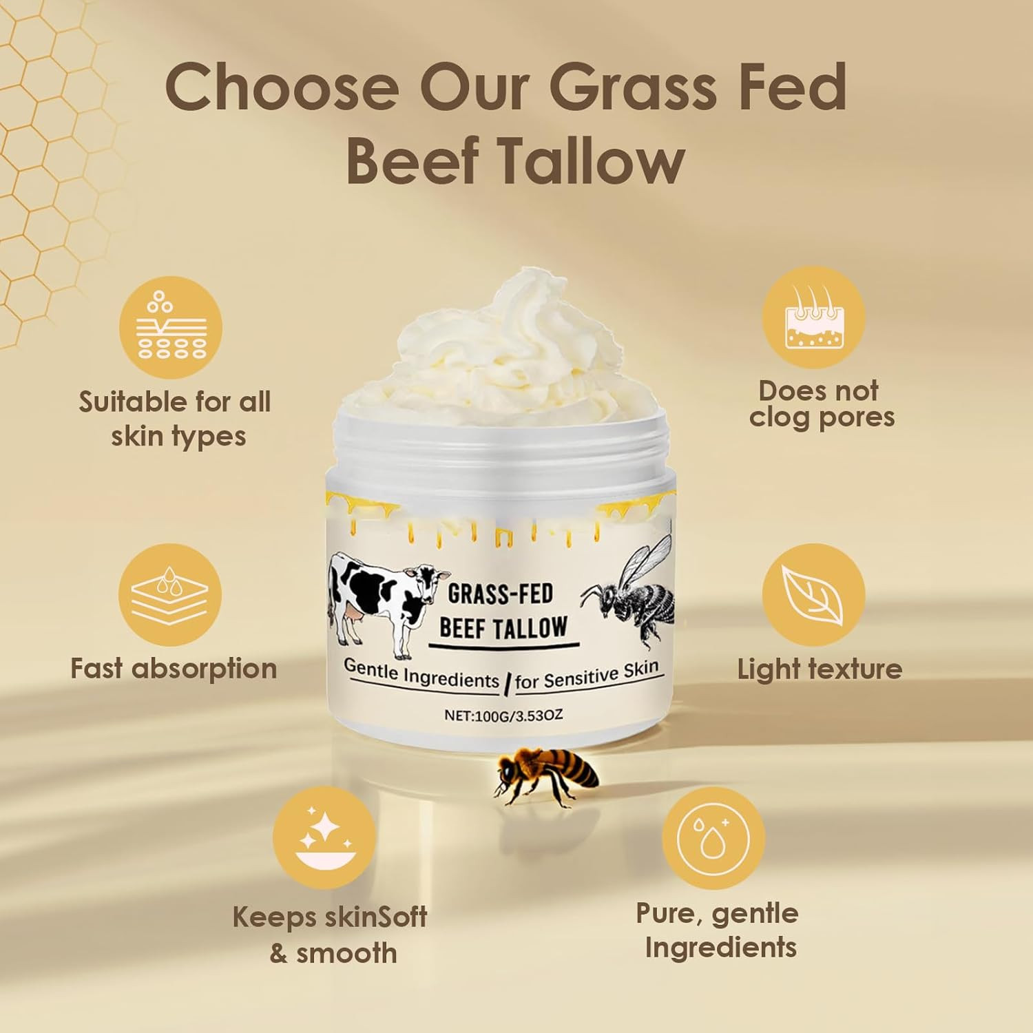 Whipped Beef Tallow for Skin Organic Grass Fed Beef Tallow and Honey Moisturizer