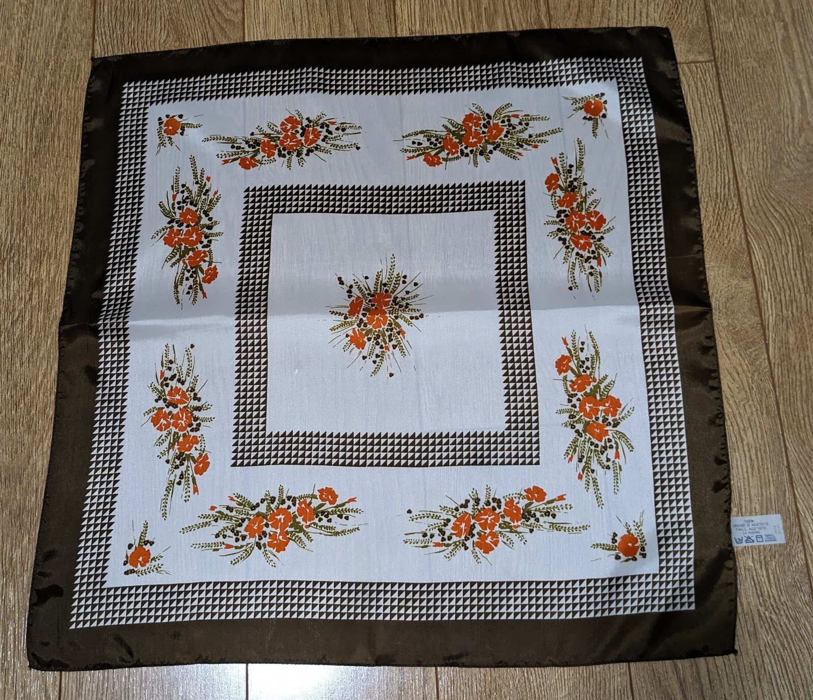 Vintage 60s Square Head Scarf Brown Orange Acetate Japan Ponytail Accessory