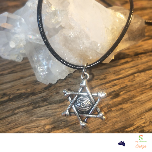 Lucky Evil Eye Pentacle Charm Choker Necklace Black Leather Adjustable Cord - Picture 2 of 4