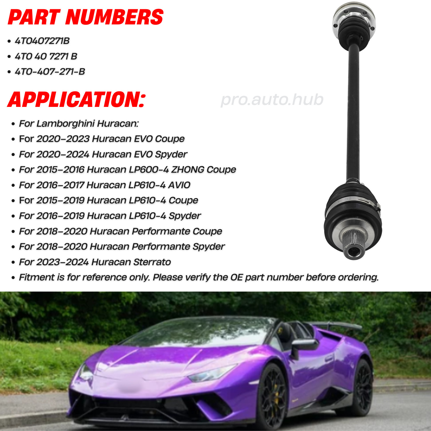 Lamborghini Huracan 2020-2023 Front Left Axle shaft P/N 4T0407271B