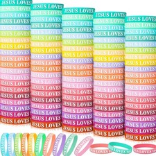 100 Pcs Jesus Loves You Bracelet Bulk Silicone Christian Bracelet Colorful Ru...