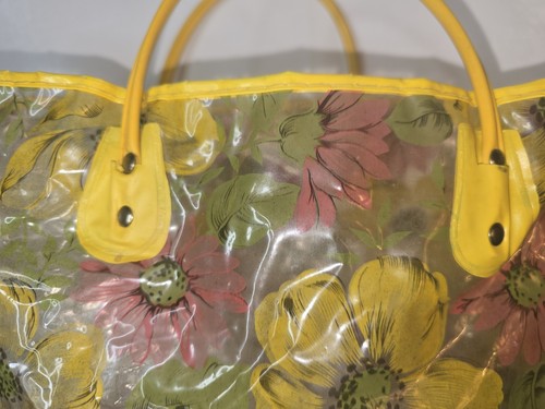 Vtg Retro 60's-70's Vinyl Beach Bag Tote Handbag Yellow a Pink Floral - Picture 5 of 12