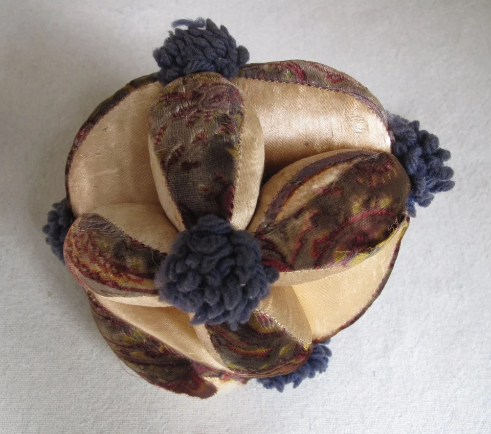 Antique Sewing Ball Pin Cushion Velvet Pattern & Pink Satin as is - Image 2 of 4