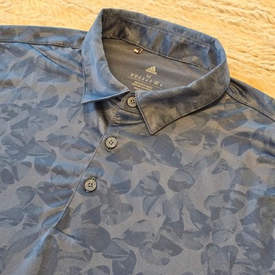 Adidas Golf Mens Medium Navy Blue Tonal Leaf Print Performance Polo Shirt
