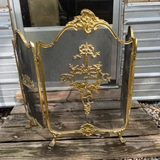 Vintage MCM Brass 3 Panel Fireplace Screen Louis XVI Neoclassical French Style