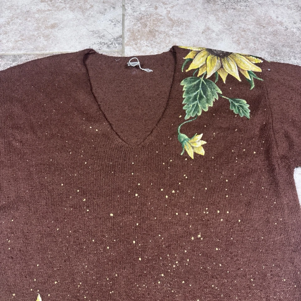 Vintage Sweater Womens Medium Brown Knit Minimalist Hand Painted Floral Silk - Image 2 of 4