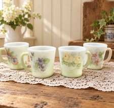 Vintage Lot of 4 Milk Glass Floral Mugs Anchor Hocking Made In USA 1212