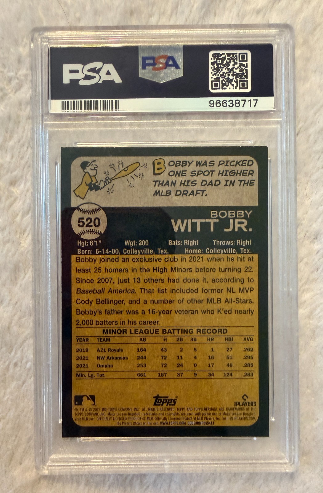 2022 Topps Heritage #520 Bobby Witt Jr Rookie (RC) - Royals PSA 9 view 2