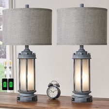 Set of 2 Rustic Table Lamps for Living Room with 2 USB C A Ports
