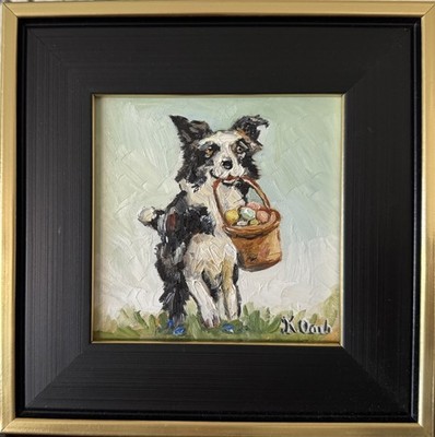 ORIGINAL OIL PAINTING BORDER COLLIE CARRYING EASTER EGG BASKET SIGNED FRAMED 4x4