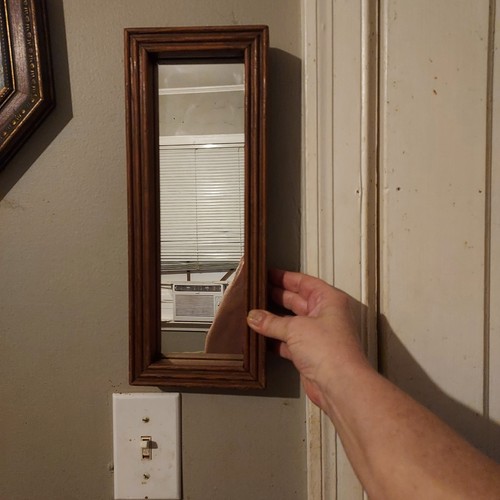 Vintage Small Rectangular Wall Mirror Thick Wood Frame 13"x 5" Narrow Accent