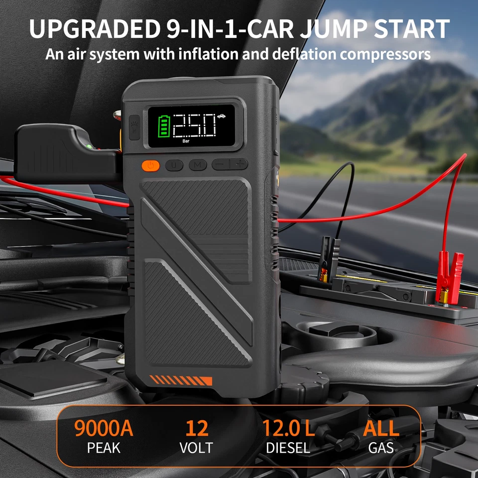 Geeneu 9000A Jump Starter with Air Inflator Deflator Compressor 9-in-1 Portable - Image 2 of 4