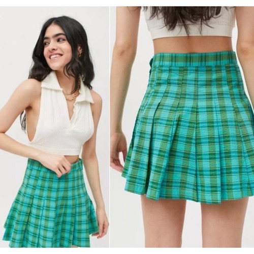 Urban Outfitters Katie Plaid Pleated Mini Skirt Teal Green Women Sz M Y2K Retro