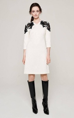 $1.8K Escada embellished lace insert jacquard cream v neck dress 42 12 L