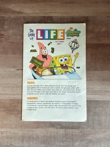 The Game of Life SpongeBob SquarePants Instructions 2005 Replacement ...
