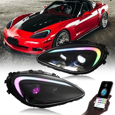 Pair RGB LED Headlight for Corvette C6 2005-2013 DRL High/Low Beam Headlamp