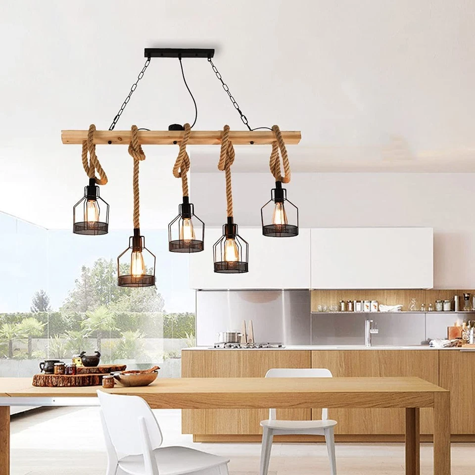 Lámpara de techo colgante Edison con viga de madera rústica | Downlight interior para granja... Foto 4 de 4