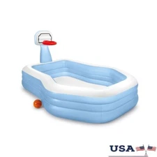 Inflatable Family Pool W/ Basketball Hoop Great Kids Adults Summer Fun Blue New