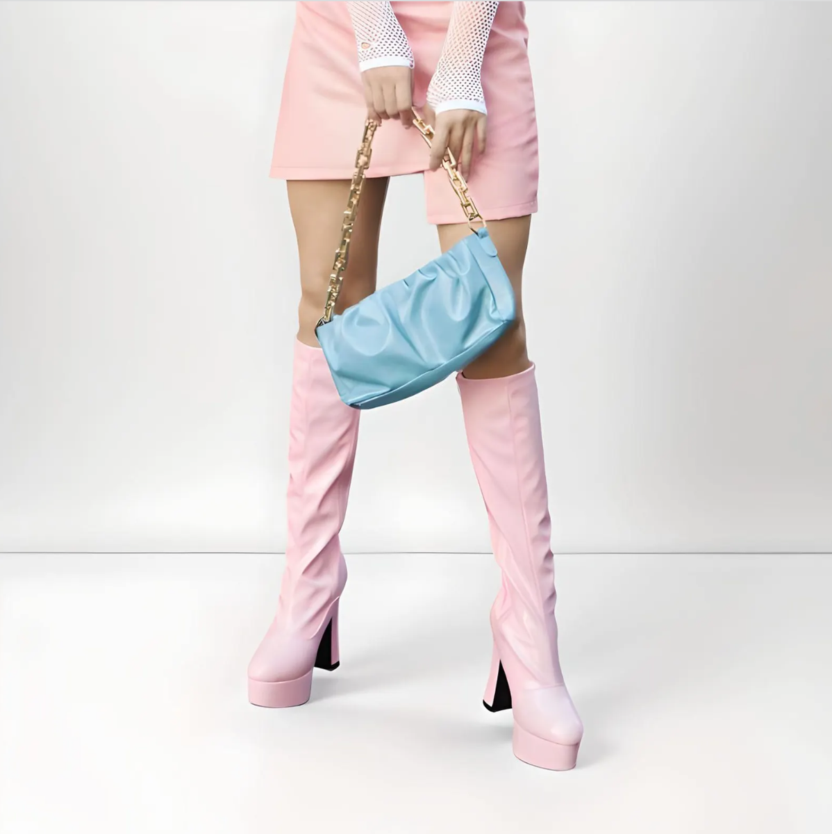 60s 70s KNEE HIGH PATENT BOOTS retro Gogo hippy disco high chunky