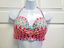 Victoria's Secret 34DD The Getaway Halter Bikini Top Aztec Ruched Scalloped Trim