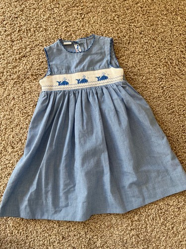 Silly Goose Hand Smocked Dress Whales Blue White Size 3 - Picture 2 of 5