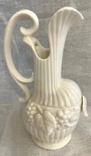 VINTAGE 7" ORNATE PORCELAIN IVORY PITCHER/JUG W/ GRAPES-LEAF DESIGN