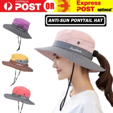 Women Wide Brim Ponytail Hat Sun Protect Visor Summer Beach Cap Anti UV Floppy