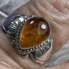 TEARDROP Sterling Silver VINTAGE STUDIO MADE AMBER 7/16" BAND RING size 6