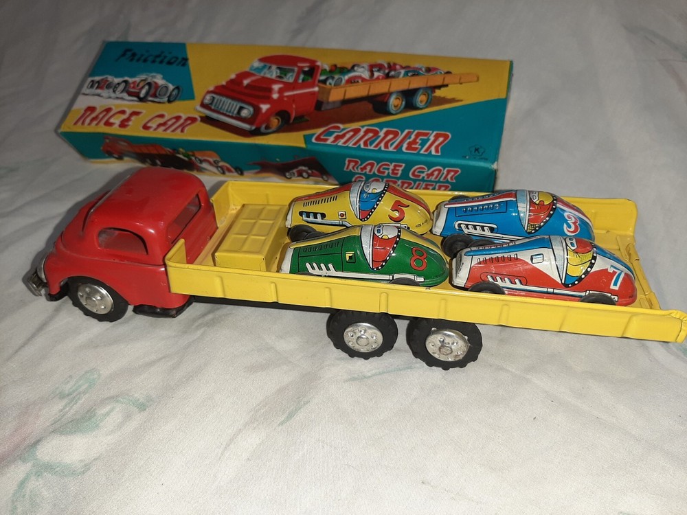 Vintage Japan Tin Friction Race Car Carrier Set with 4 Cars & Original Box