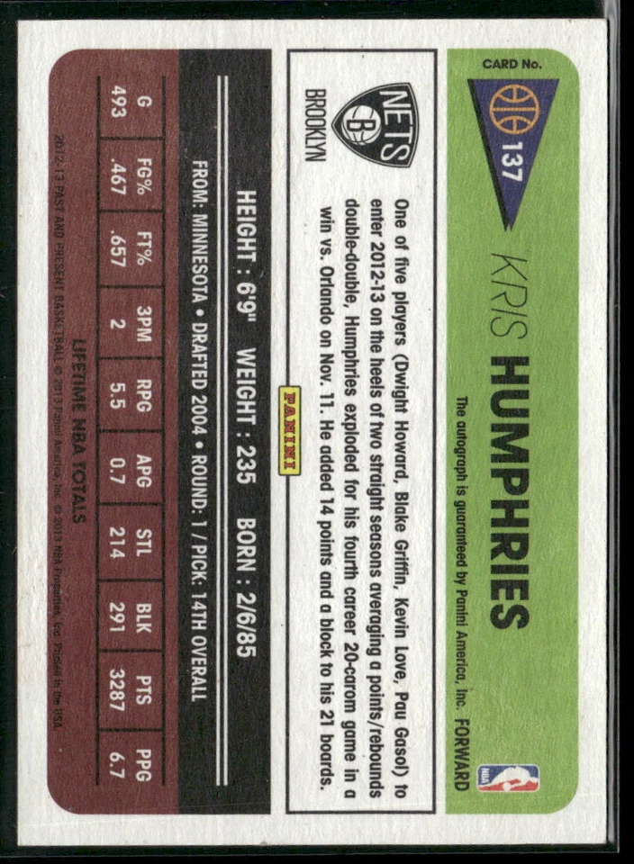2012-13 Panini Past & Present #137 Kris Humphries Signatures Brooklyn Nets Auto - Image 2 of 2