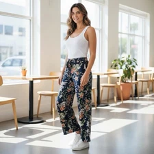 Naïf Bold Floral Print Wide Leg Pants Size L Large Palazzo Flowy High Rise