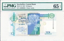 Central Bank Seychelles 10 Rupees 2013 Low S/No 000058 PMG  65EPQ