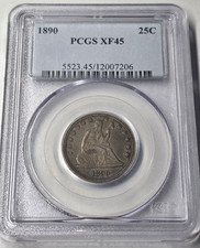 1890 Seated Liberty Quarter  PCGS XF45 Tough Date- Low Mintage. Original Toning!