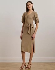 $165 Lauren Ralph Lauren Women's Belted Rib-Knit Puff-Sleeve Dress Tan Medium