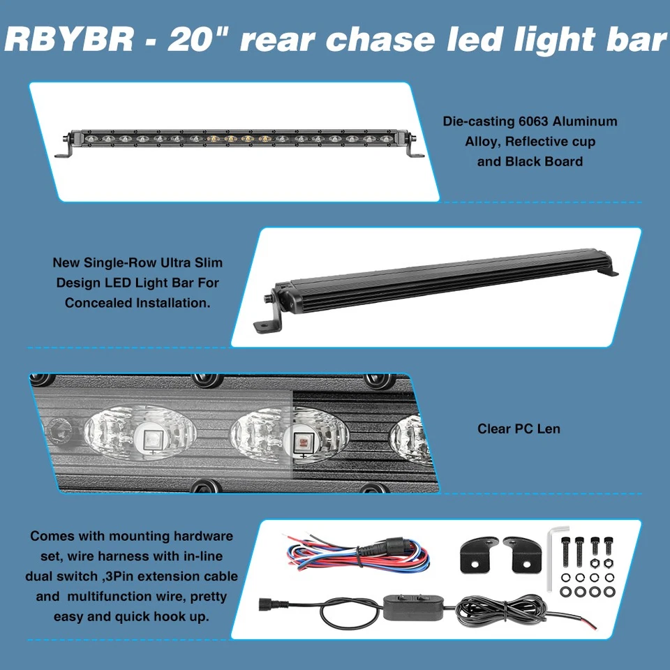 Barra de luces de persecución trasera de 20" freno/giro/reversa/funcionamiento para todoterreno UTV Polaris RZR Foto 3 de 4