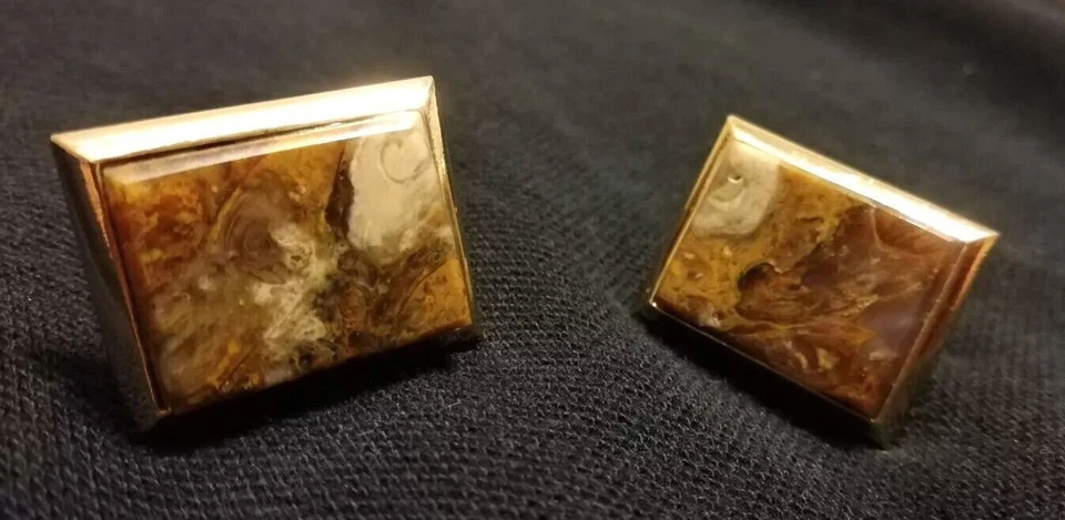 Vintage Cufflinks, mid-century polished (Agate) stone, in gold frame 1940's - Image 3 of 4