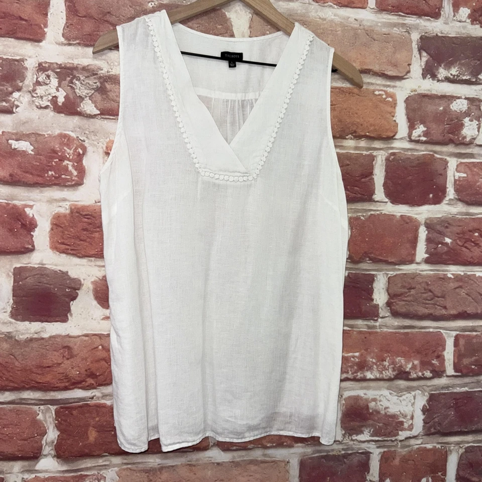 Talbots Top Womens Large Plain White 100% Linen Casual Embroidered Neck Shirt - Image 2 of 4