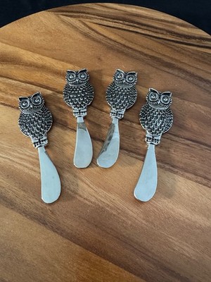 4 Owl Cheese Spreader Knives Pewter Silvertone 5.5'' Bird Animal